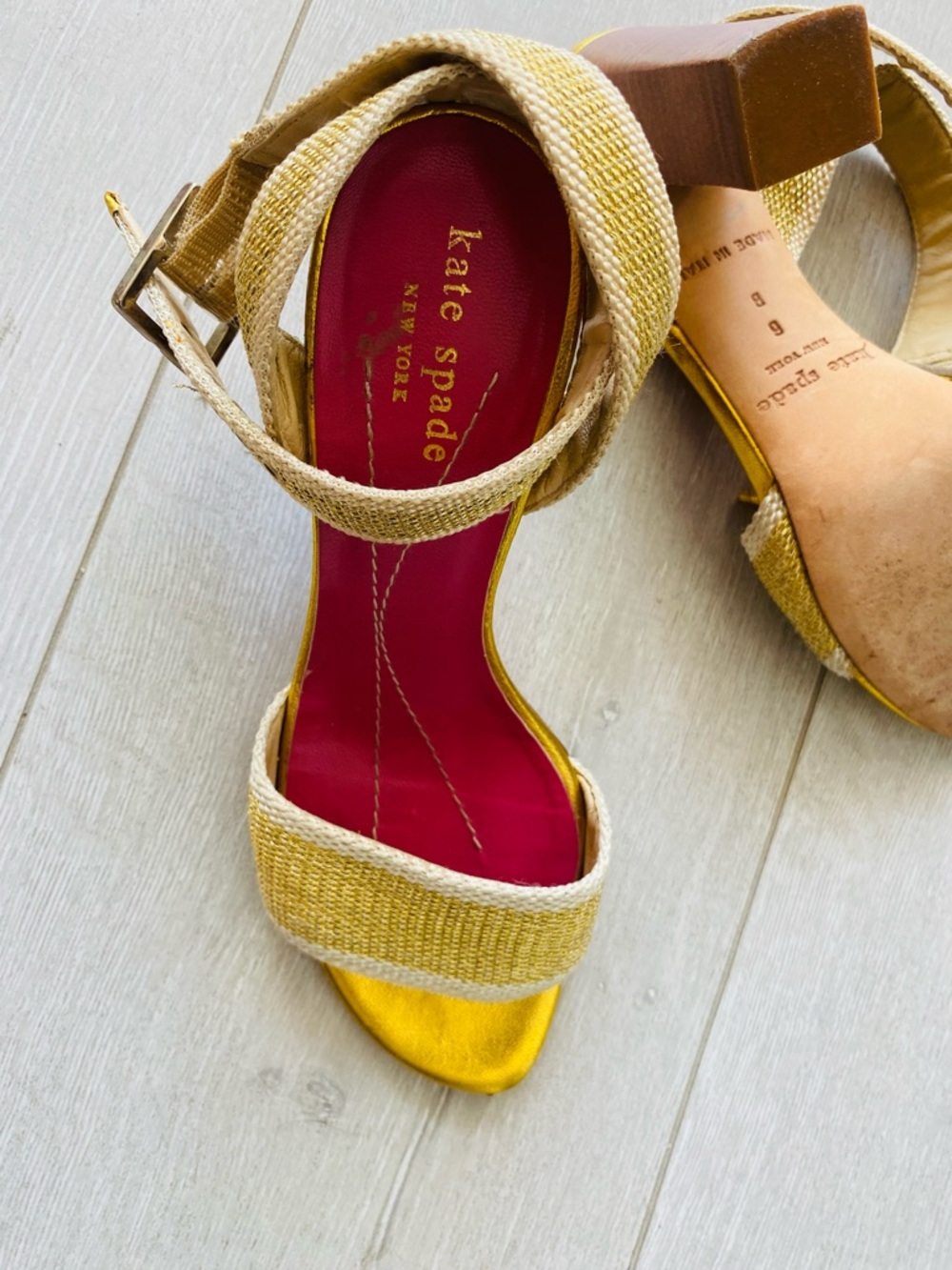 kate spade Gold Woven Block Heel Sandals - Size 6